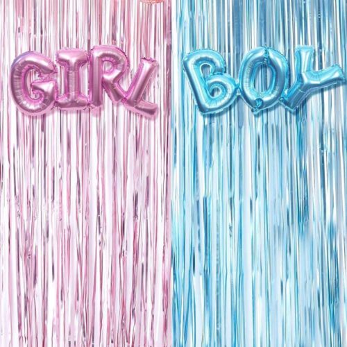 Gender Reveal Metallic Decoration Set - Blue and Pink Curtains - Boy or Girl Foil Balloons