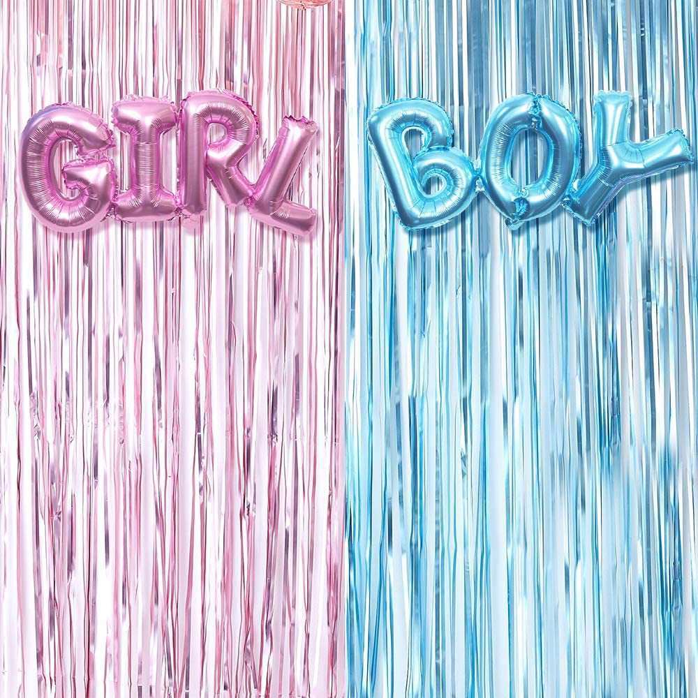 67851e1d3aad96156d138620400c8232 Gender Reveal Metallic Decoration Set - Blue and Pink Curtains - Boy or Girl Foil Balloons Baby Gender Surprise